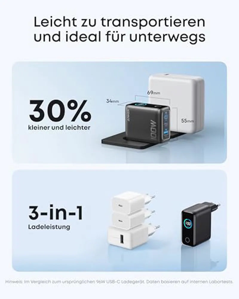 Anker MagGo 3-in-1 Foldable Wireless Charging Pad + 100W 3-Port Charger with Smart Display and USB-C Cable