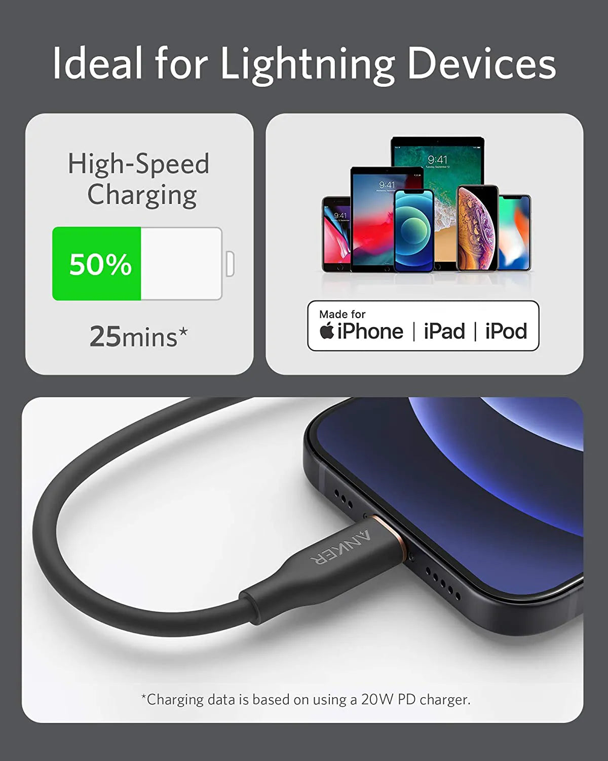 Anker 641 USB-C to Lightning Cable (Flow, 3ft Silicone)