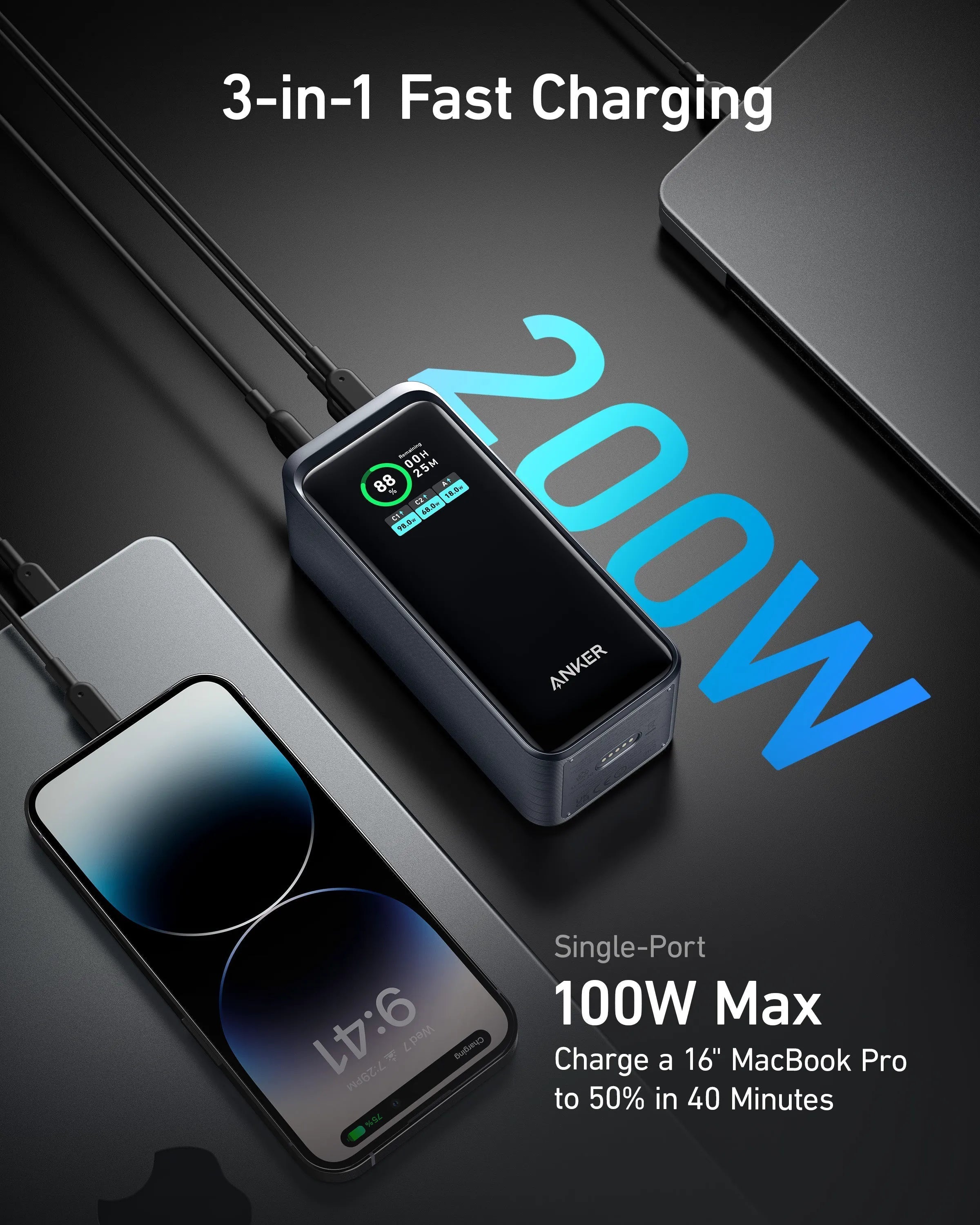 Anker Prime Power Bank 20,000mAh (200W) + Anker Nano Charger (45W) with USB-C to USB-C Cable