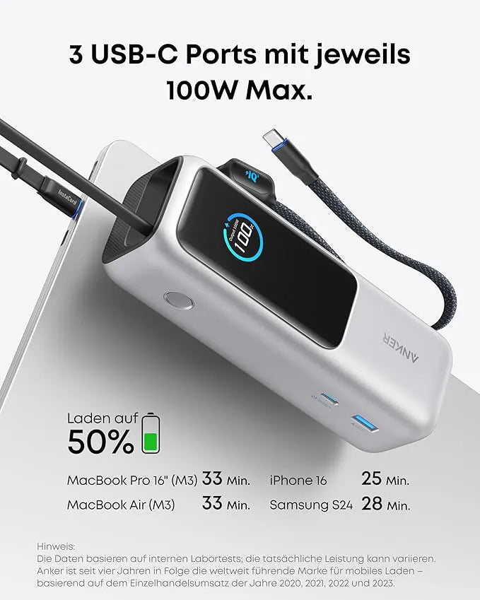 Anker Powerbank (25K, 165W, Built-in + Retractable Cable) + Anker Charger (140W, 4-Port, PD 3.1) with USB-C Cable