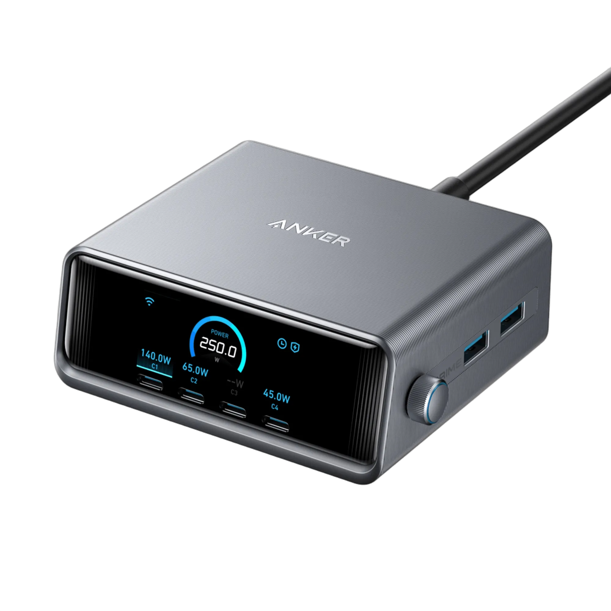 Anker Prime Charger (250W, 6 Ports, GaNPrime) + Anker 2-in-1 USB-C to USB-C Cable (120cm, 140W, Braided Design)