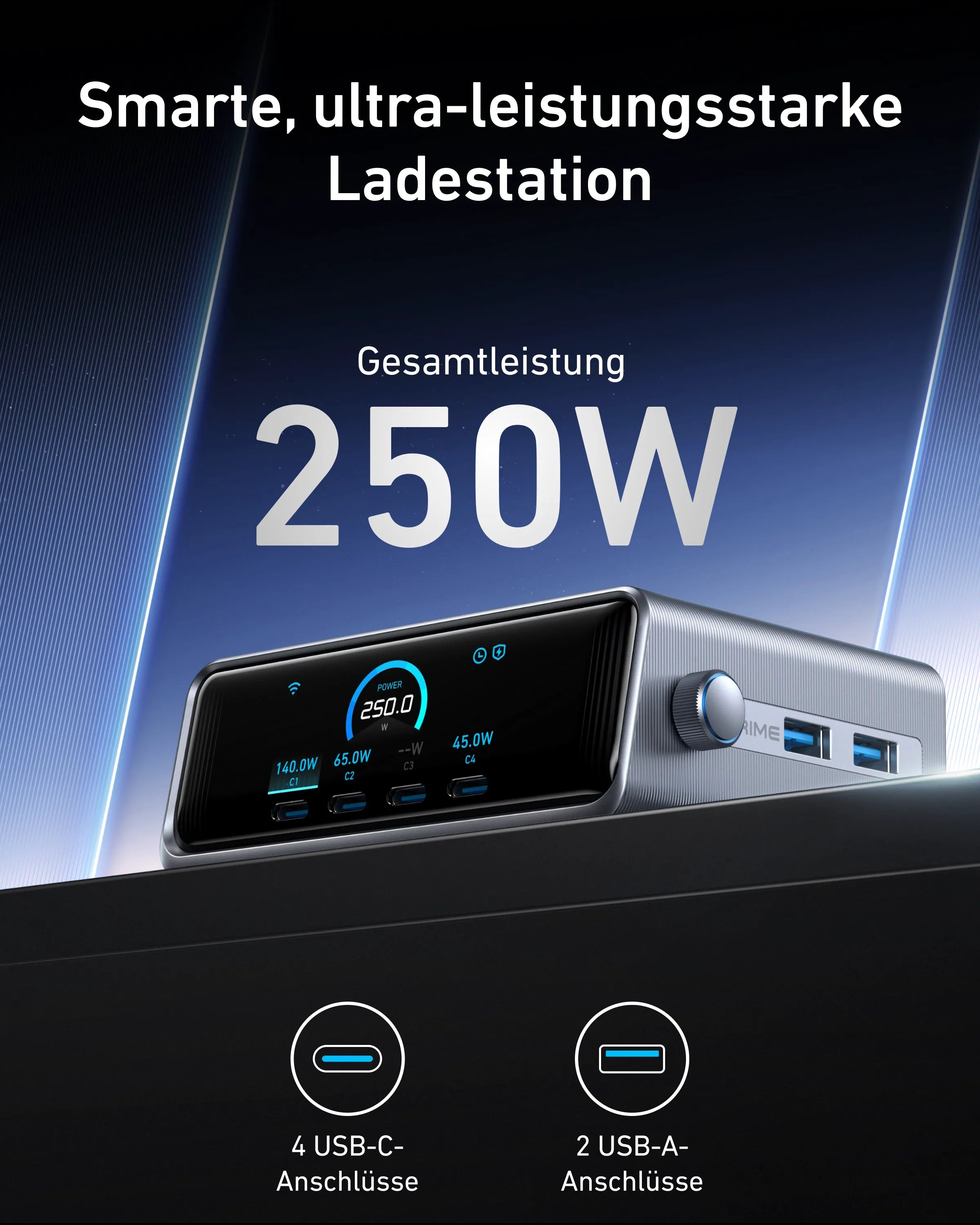Anker Prime Charger (250W, 6 Ports, GaNPrime) + Anker Charger (100W, 3 Ports, Smart Display) with USB-C Cable