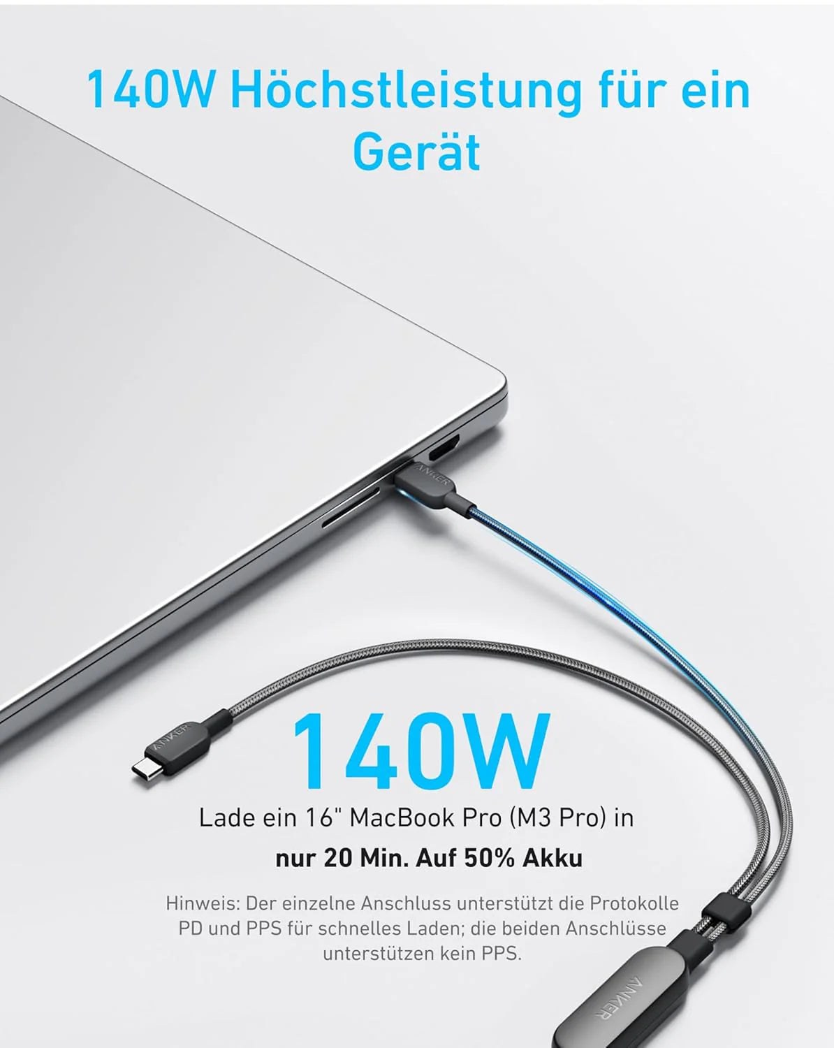Anker 715 Ladegerät (Nano II 65W) + Anker 2-in-1 USB-C auf USB-C Kabel (120cm, 140W, Flecht-Design)