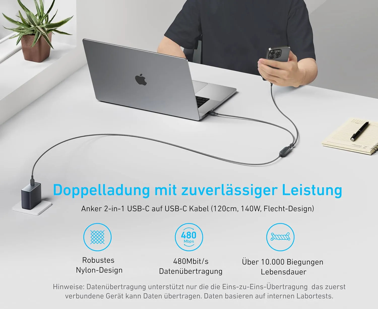 Anker Prime 160W GaNPrime 3-Port Charger with 2-in-1 USB-C to USB-C Cable (120cm, 140W, Braided)