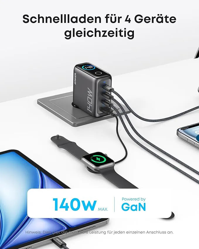 Anker 140W 4-Port USB-C Charger with PD 3.1 and Cable + Anker Nano 5-in-1 Travel Adapter (20W)