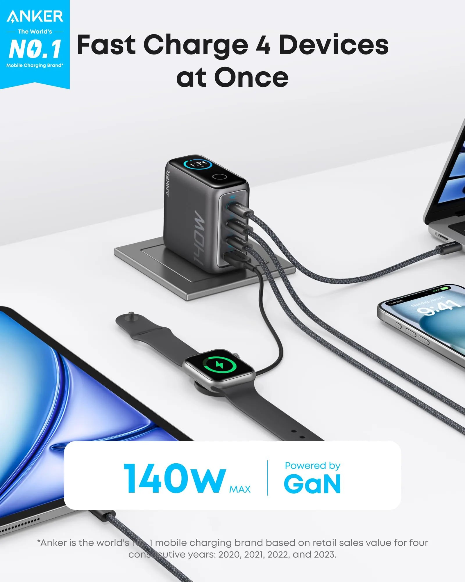 Anker 140W 4-Port USB-C Laptop Charger with PD 3.1 and Cable