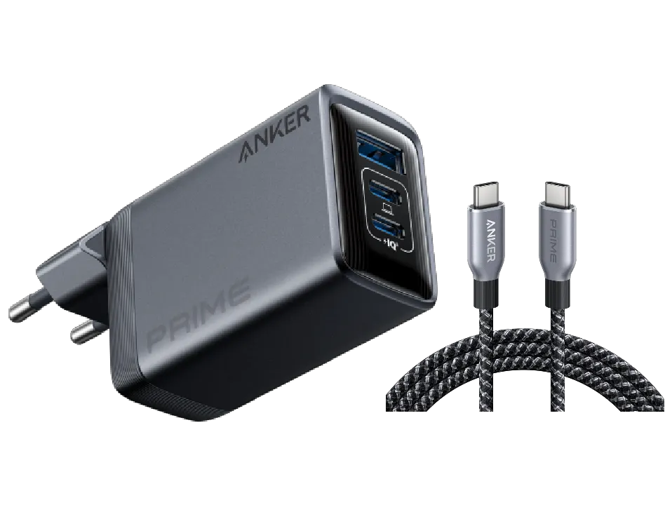 Anker Prime 100W GaN Charger (3 Ports) + Anker Prime 240W USB-C to USB-C Cable (Upcycled Braided Design)