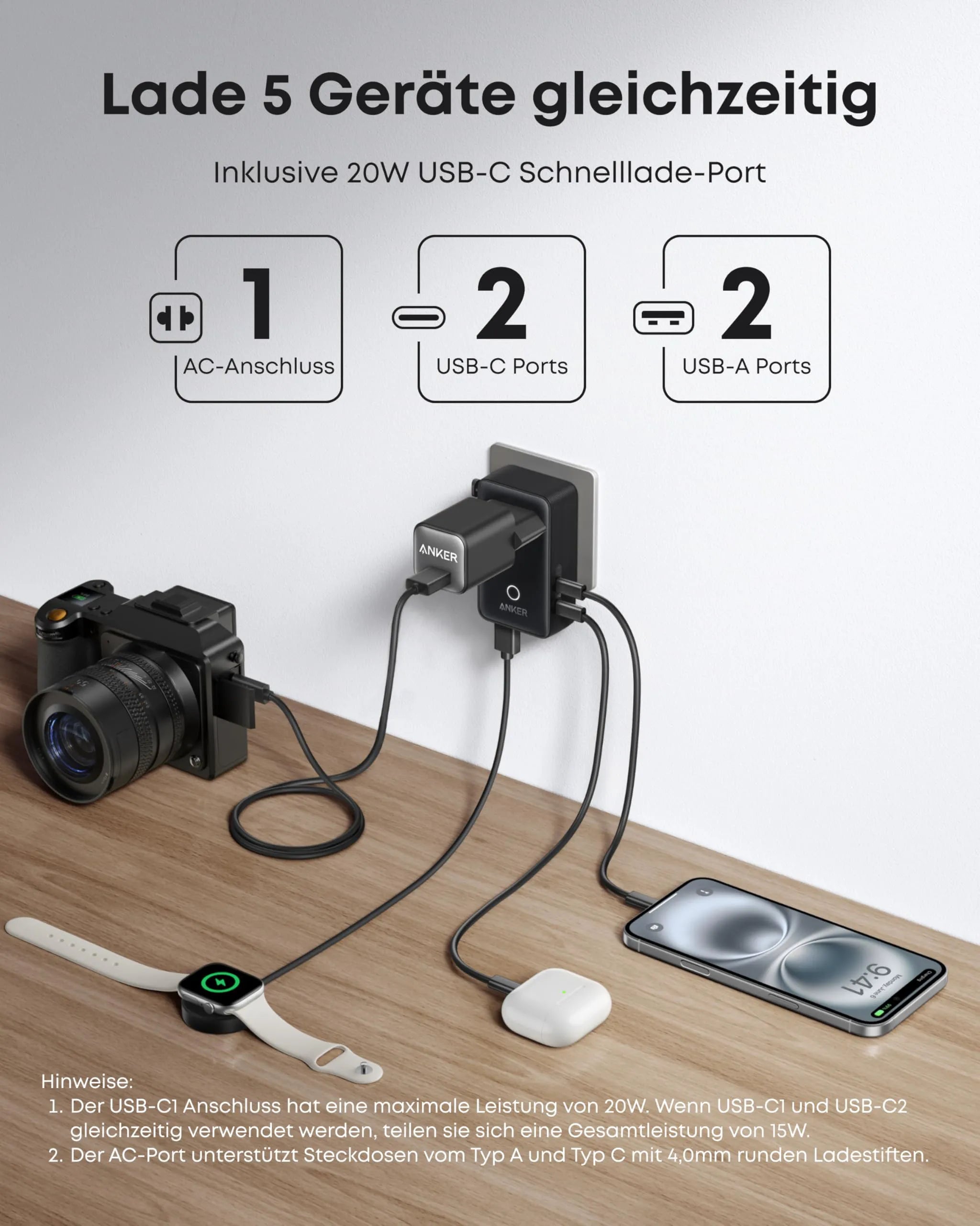 Anker 140W 4-Port USB-C Charger with PD 3.1 and Cable + Anker Nano 5-in-1 Travel Adapter (20W)