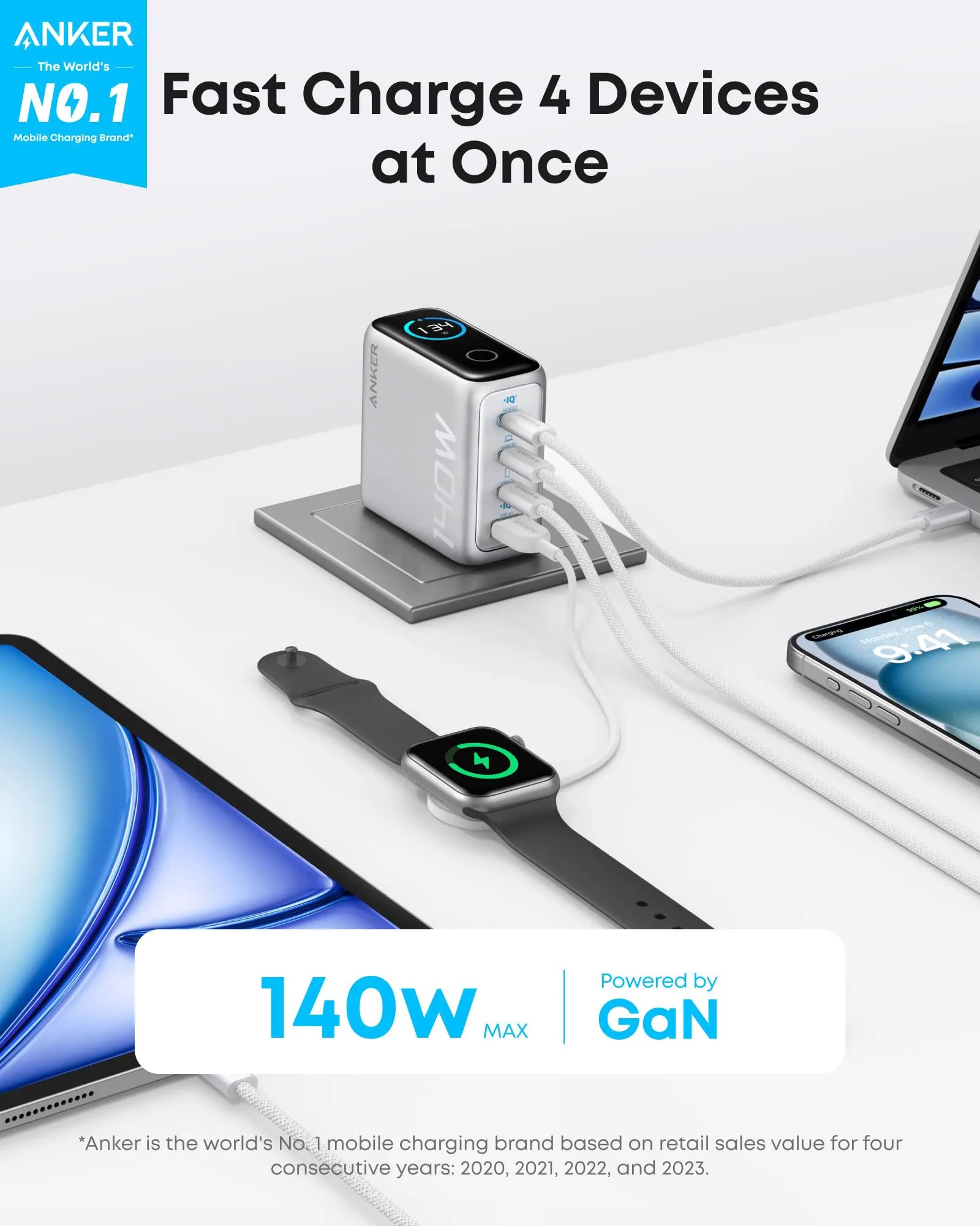 Anker 140W 4-Port USB-C Laptop Charger with PD 3.1 and Cable